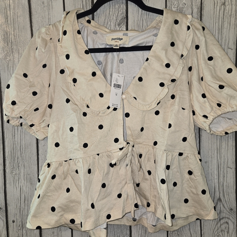 Porridge Polka Dot Tie Front Peplum Blouse Peter Pan Collar Puff Sleeve NWT Med - Picture 5 of 9